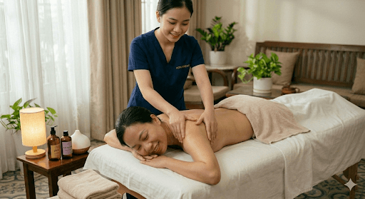 Kỹ thuật viên đang xoa miết tinh dầu Aroma thư giãn lên vùng lưng khách hàng